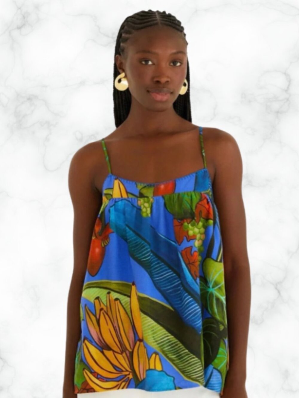 NWT FARM RIO Banana Grapes Tropical Print Linen Cami Top Blue M - Picture 3 of 13